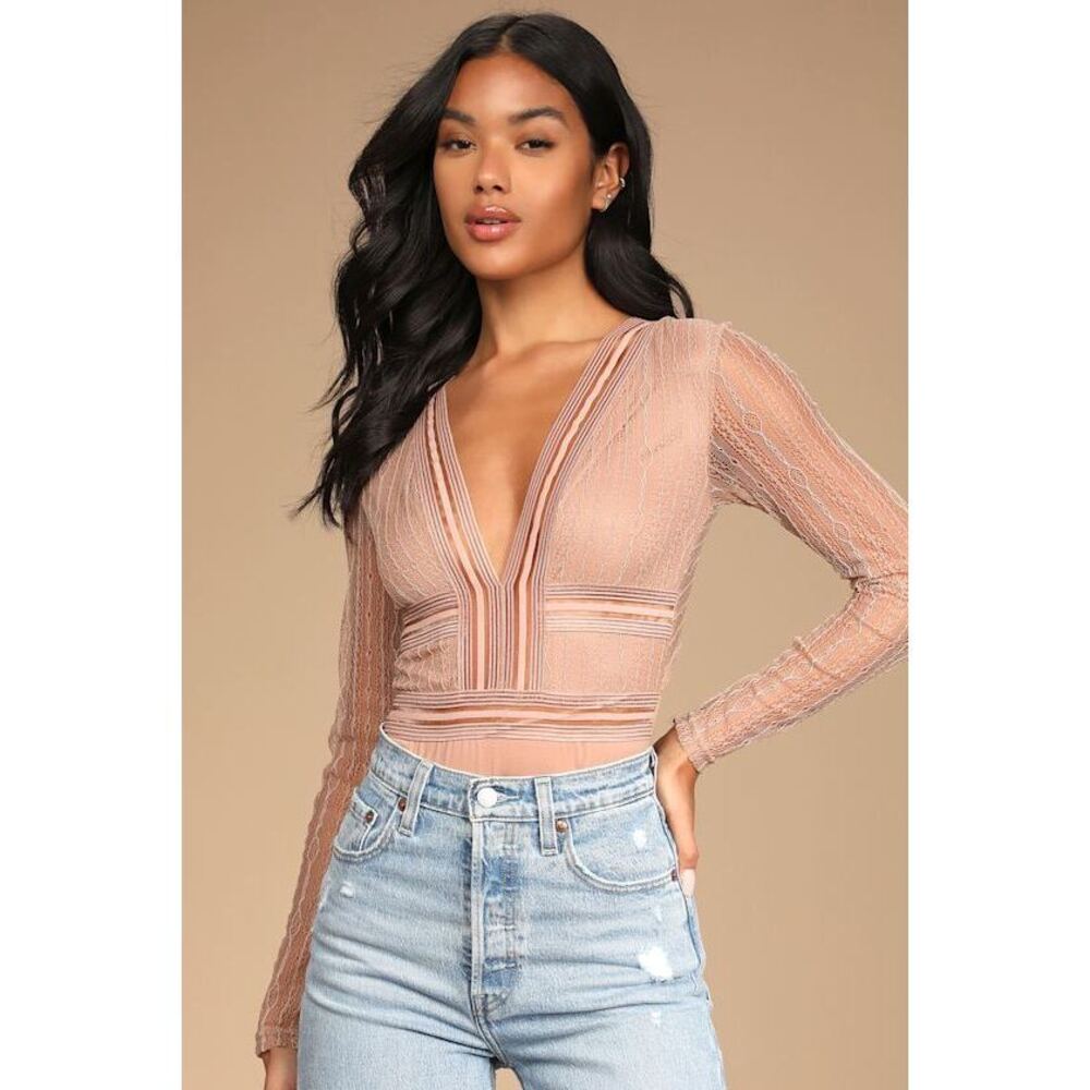 Lulus Casita Beige Sheer Lace Long Sleeve Bodysuit - Size M